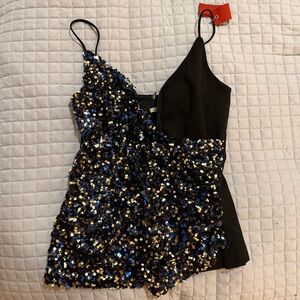 Sequin Embellished Black and Blue Tank Top